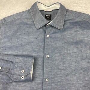 BOSS Shirt Mens Large Blue w/ White Flip Cuffs Slim Fit Organic Cotton